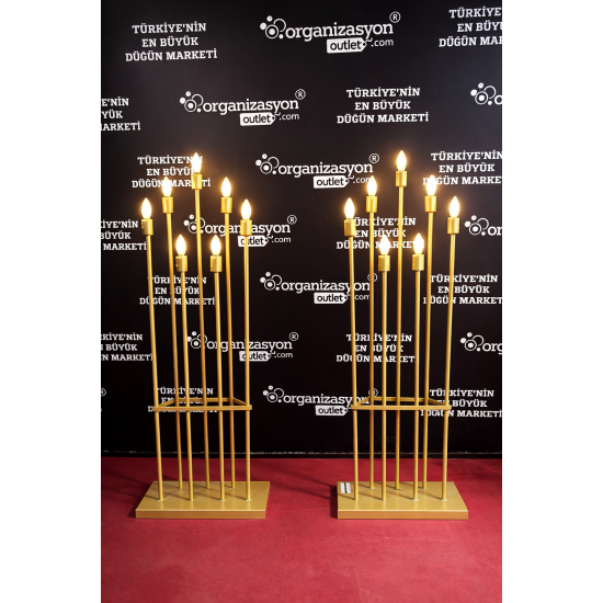 Mızrak Şamdan 7'li Düz Kafa Fırın Boya Gold | Dekoratif Düğün Ekipmanı  Şamdanı